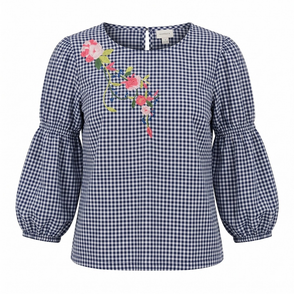 Cupio Navy Gingham Embroidered Floral Blouse
